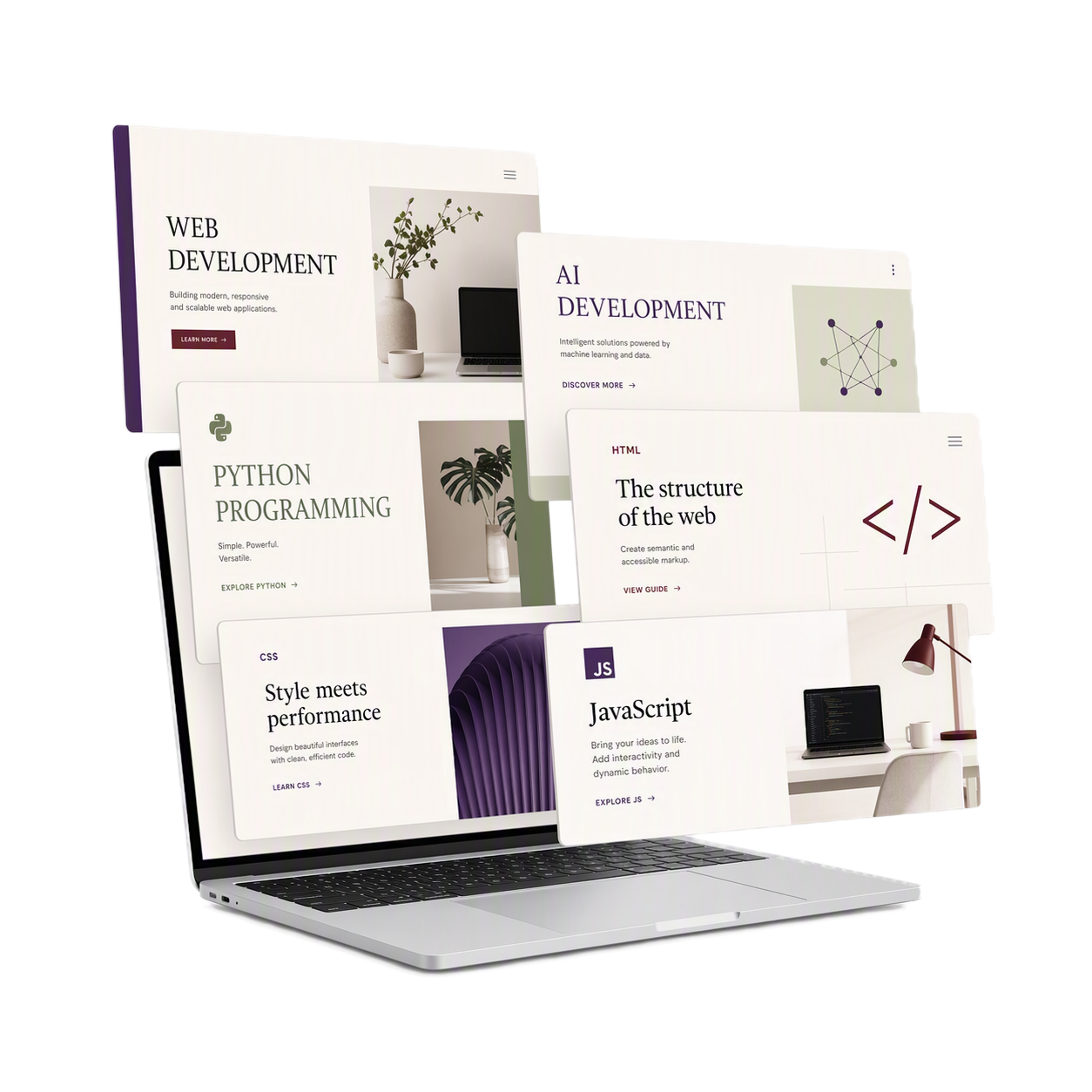Editorial collage of web development, AI, Python, HTML, CSS, and JavaScript displayed on a laptop